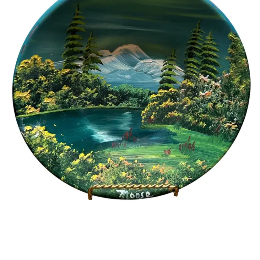 Metal Bowl With A Painted Landscape Scene Of Mountains And Lake Signed
@7 “ Diameter Rust On Back