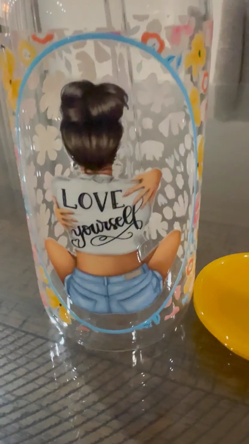 Handmade Glass Tumbler With Glass Straw Love Yourself, Gift In Box