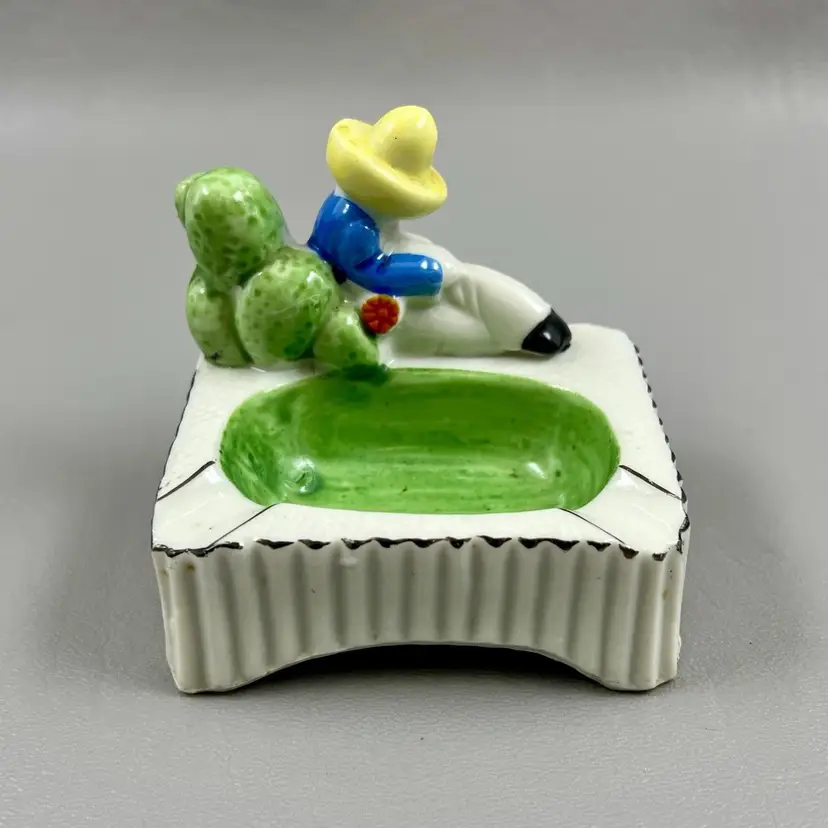 Vintage Ceramic Cactus Siesta Two Slot 3" Ceramic Ashtray Mid Century Japan