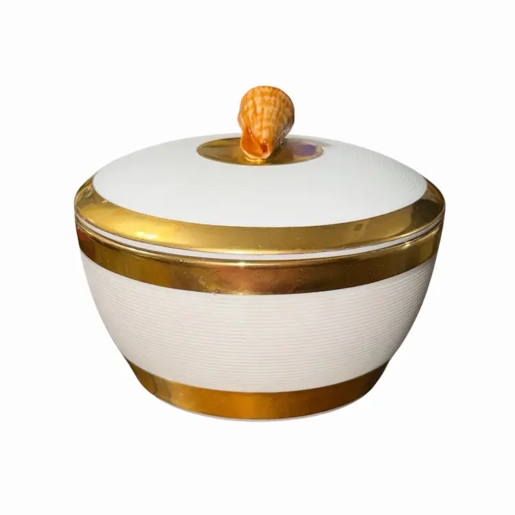L’Objet Porcelain Candle Jar Shell Lid Gold Band Luxury Trinket Box Made in Portugal