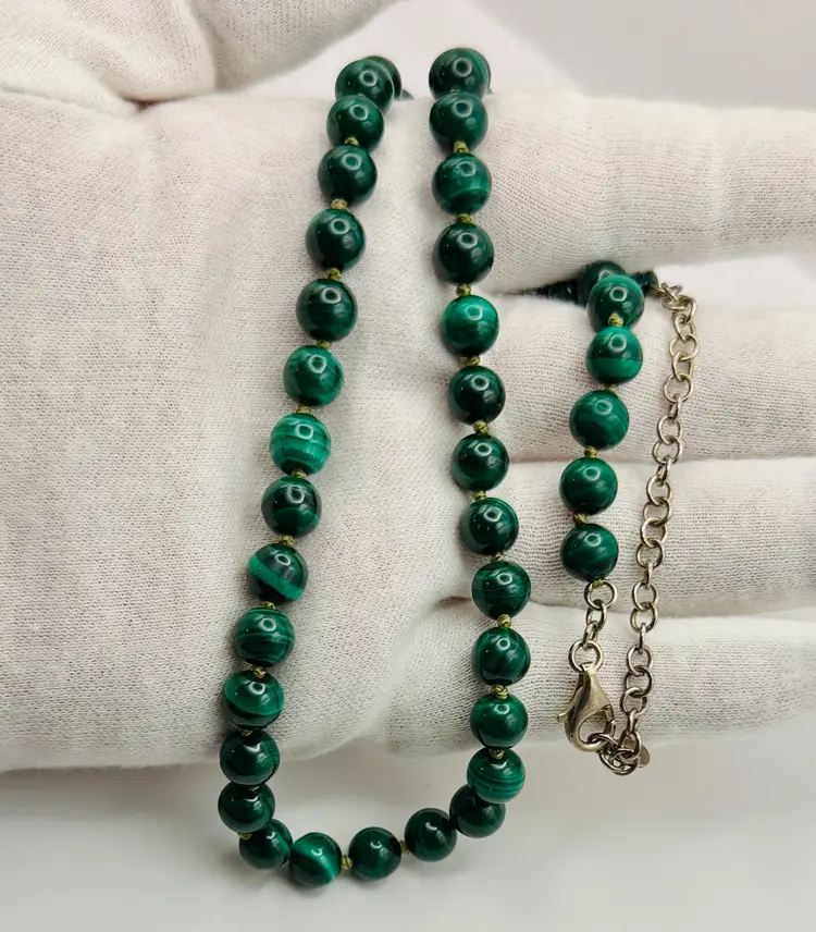 VTG Malachite Stone Bead Necklace 21” Adjustable Sterling Chain & Clasp