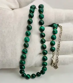 VTG Malachite Stone Bead Necklace 21” Adjustable Sterling Chain & Clasp