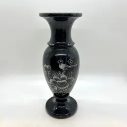 Vintage Black Marble Etched Vase 8” Carved Bird Flowers