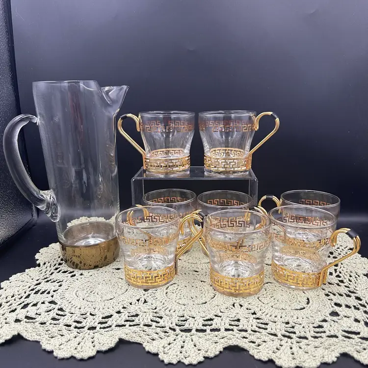 Vintage Libbey Greek Key Gold Trimmed Coffee Cups (8 Count) with Holders And MCM Glass Pitcher With Gold Base