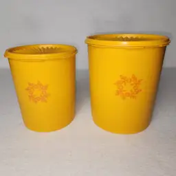 Vintage Tupperware Floral Canisters Yellow With Harvest Orange Wreaths Set Of 2