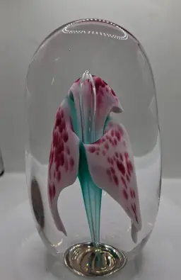 Ron Schuster Gorgeous Magnum Oblong Pink Daylily Paperweight, Signed, c1997