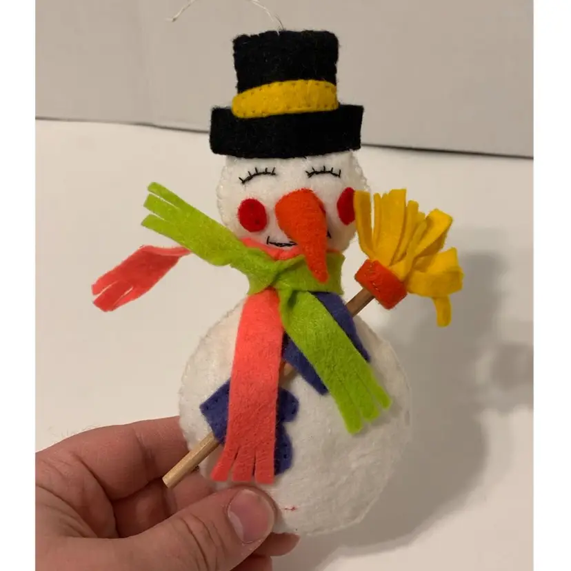 Handmade Plush Felt Frosty The Snowman With Broom Christmas Ornament 