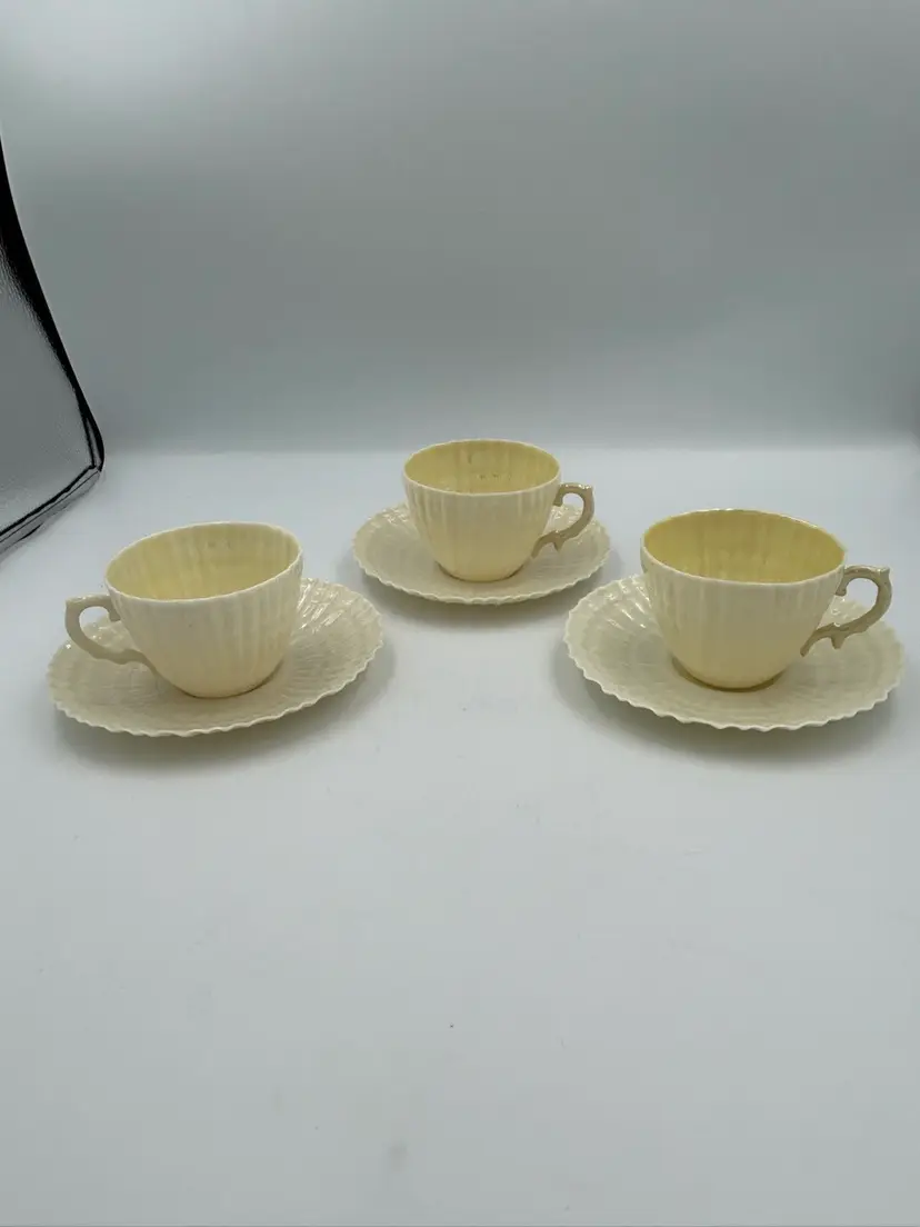 3 Belleek Pottery Limpet Yellow Porcelain Cup & Saucer Sets 3rd Mark (1926-46) Lusterware And Scalloped Edges