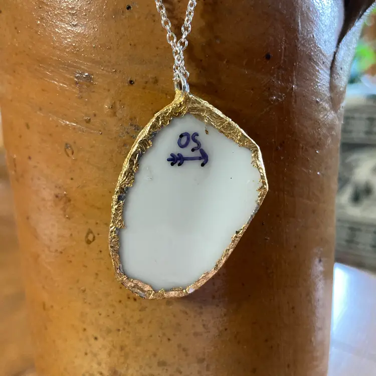 Broken Pottery Artisan Made Floral Pendant Diamond Brand Plate Handcrafted Necklace 1 in x 1.5 in