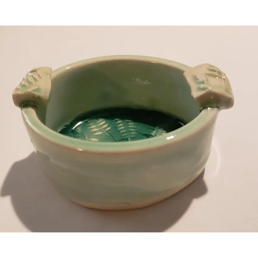 Small Celadon Pooled Glaze Pottery Trinket Dish Ferns