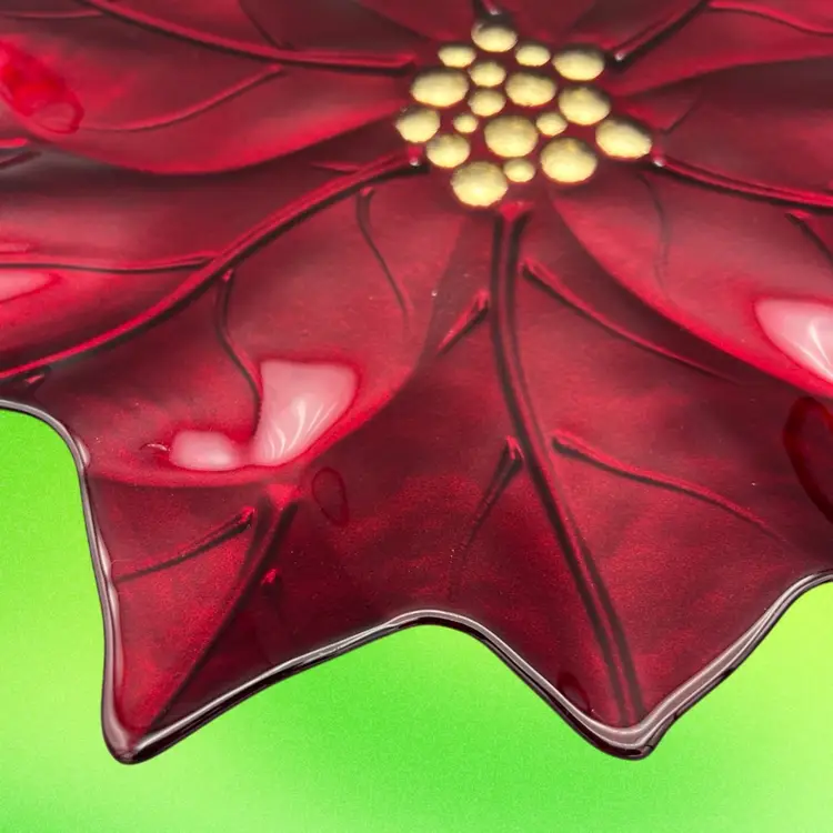 Pier 1 Imports Christmas Holiday Poinsetta 15" Fused Glass Plates Dish Red Gold