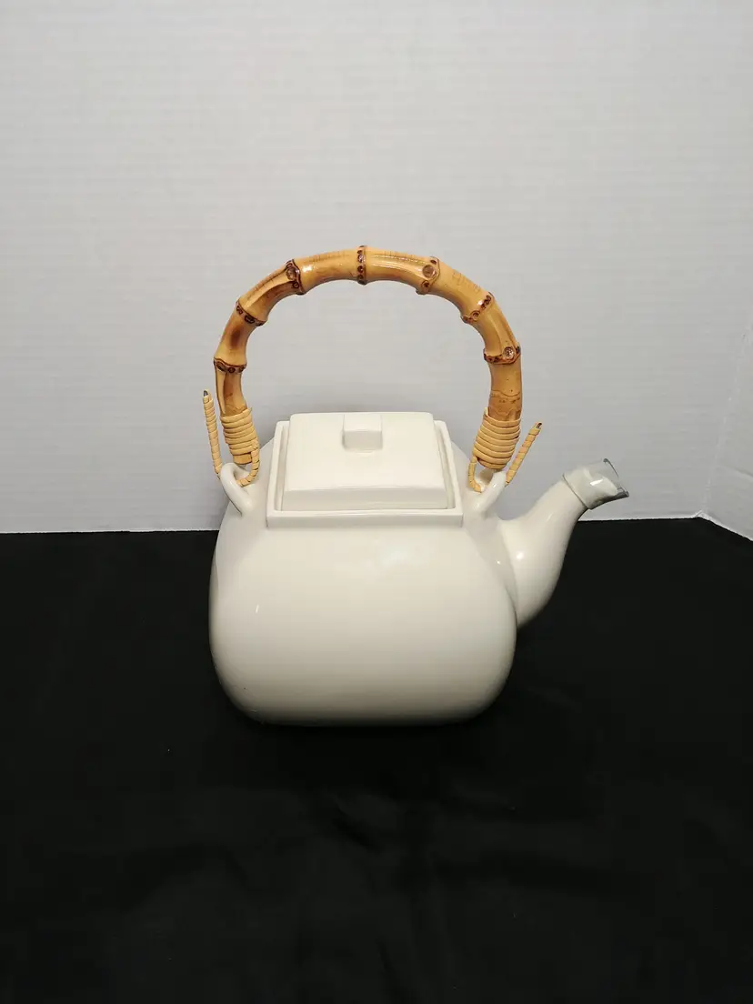 Pottery Barn Asian Square Ceramic Ivory Teapot Bamboo Handle Server With Lid