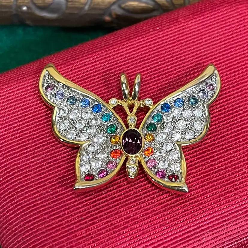 Vintage P. S. Co 1999 Butterfly Pendant Rainbow & Clear Rhinestone Gold Tone