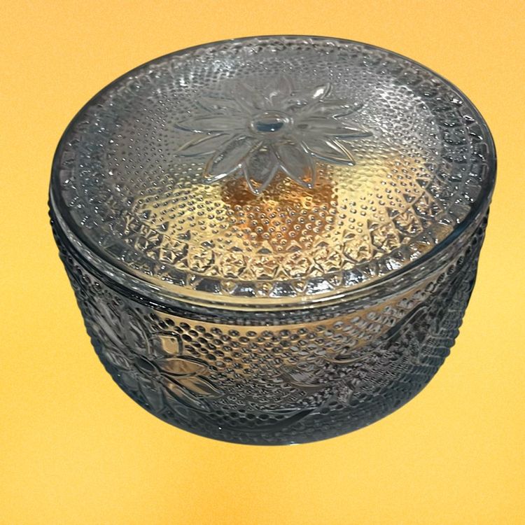 01. Vintage Tiara Sandwich Light Blue Glass Round Puff/Trinket/Storage Box Jar with Lid 2” Tall