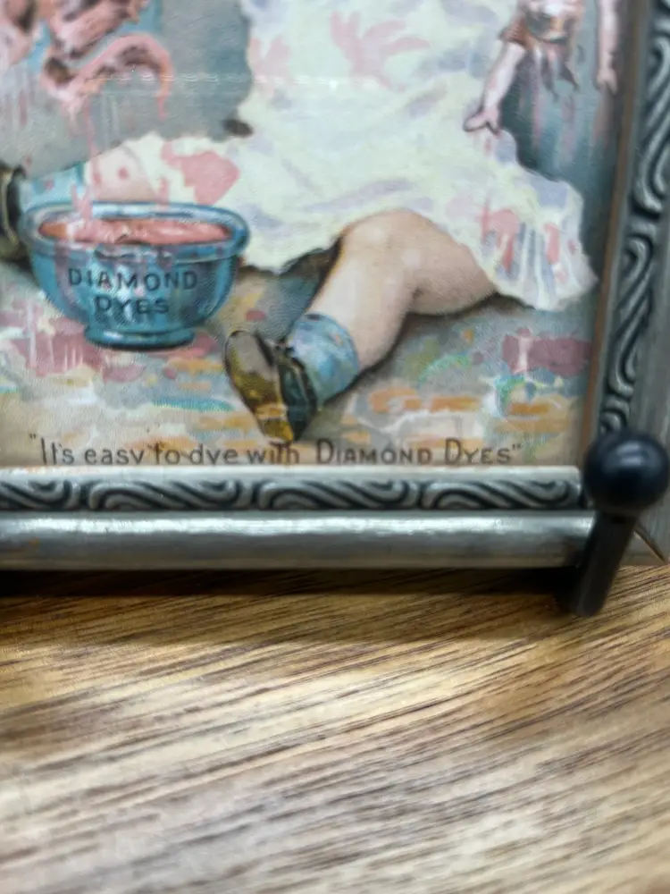 Victorian Diamond Dyes Advertising Trade Card with Girl and Doll, Framed