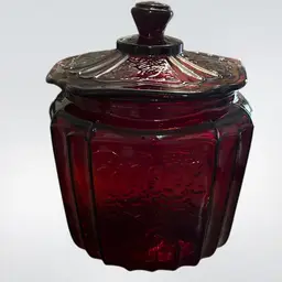 1930-40’s.Vintage Anchor Hocking Mayfair (Open Rose) ruby red glass cookie jar.Uranium…and Cadmium