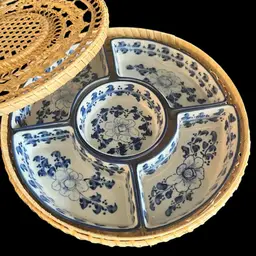 Amazing- Blue & White- Ceramic Divided Serving Set with Rattan Basket & Lid – 5 Pieces- Vintage- 12.5” Diameter, 2.5” H Basket- 3x7.5 Outer Pieces, 4.5” Diameter Center Bowl