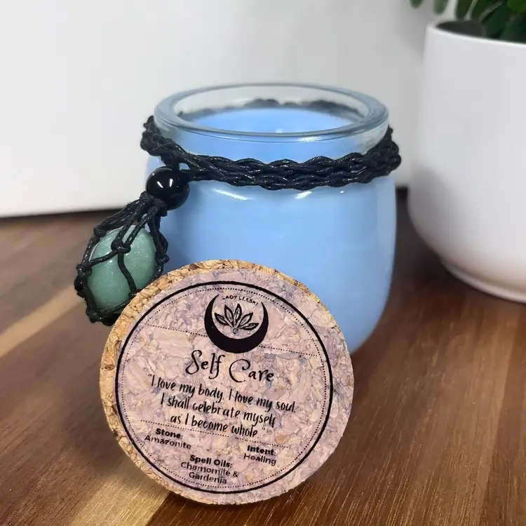 Spell Candle “Self Care” - Healing Intent - Chamomile & Gardenia w/ Amazonite Necklace - Blessed w/ Affirmation