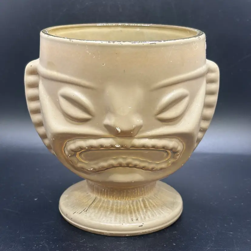 Tiki Face Painted Glass Coblet Candy Dish Tea Light Holder Unmarked 4.75”x4”