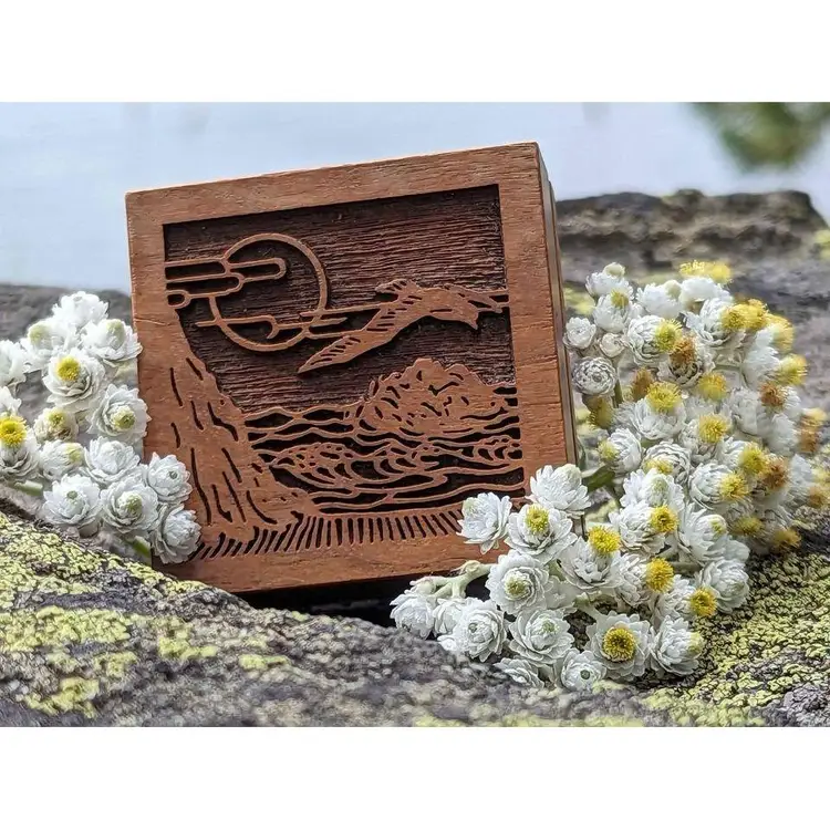 Vintage Lasercraft Paperweight Solid American Walnut Laser Engraved coastal scene