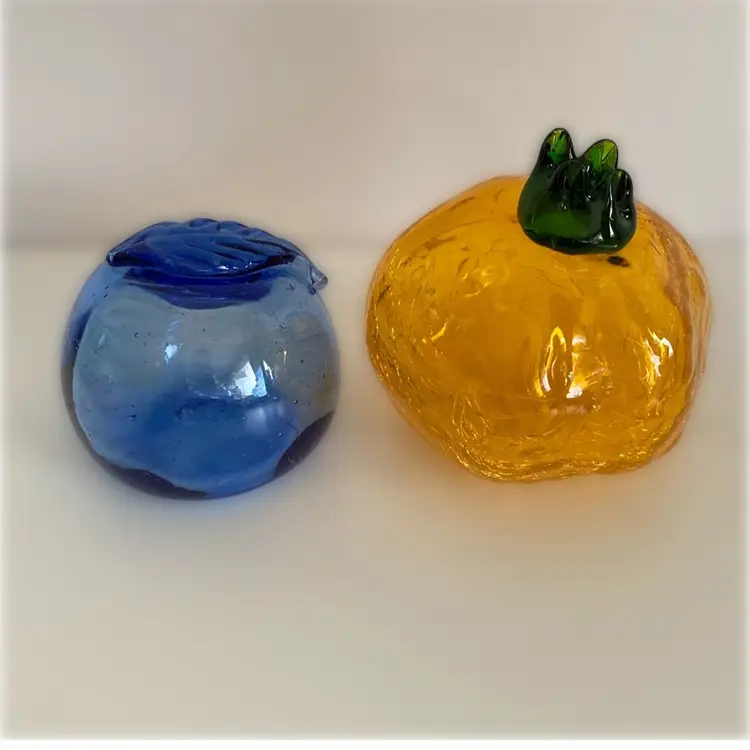 Set Of 2 Handblown Glass Fruit Paperweights Or Window Decor