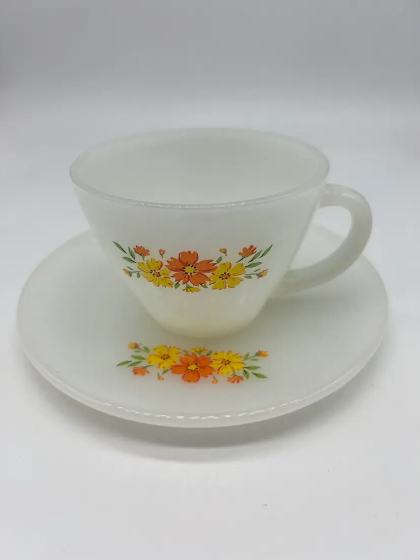 Fire King Orange And Yellow Flowered Tea Cup With Saucer