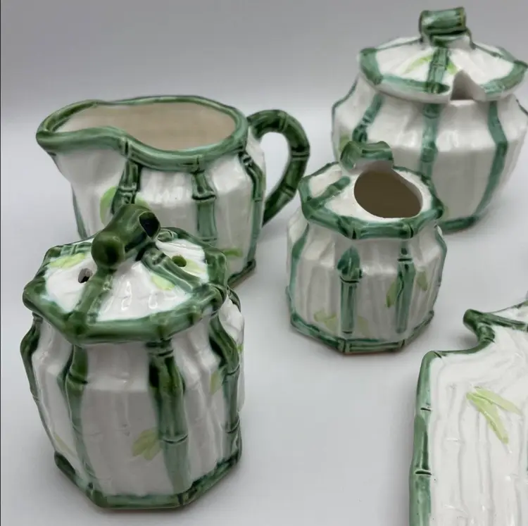 Vintage Enesco, Japanese, Green/White Bamboo Motif, Ceramic Table Serving Set