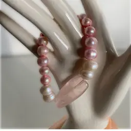 Pink And White Baroque Pearl Bracelet with Rose Quartz Statement Bead