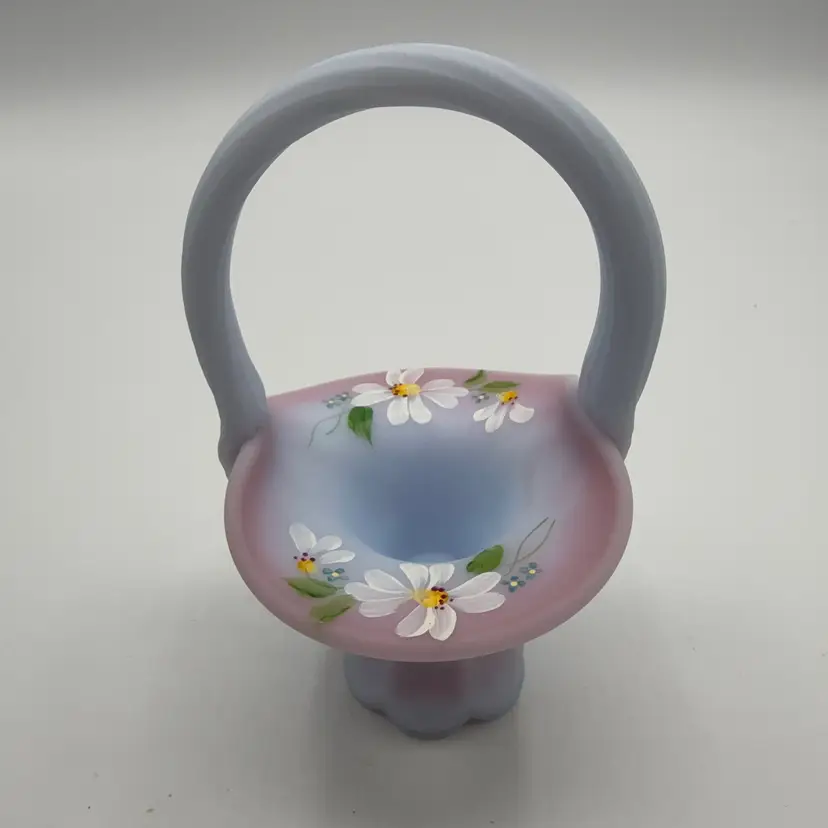 Fenton Blue Burmese Painted Mini Basket Signed CC Hardman