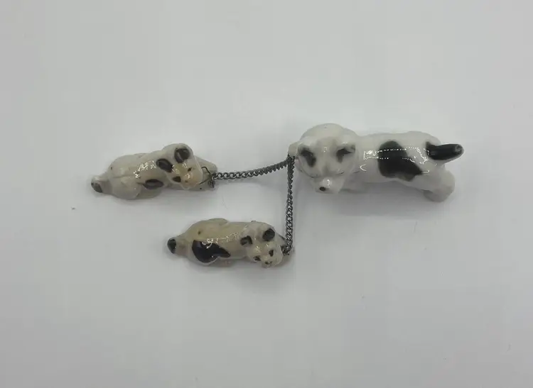Vintage Dog With Two Puppies on Chain Figurines Ceramic Unmarked