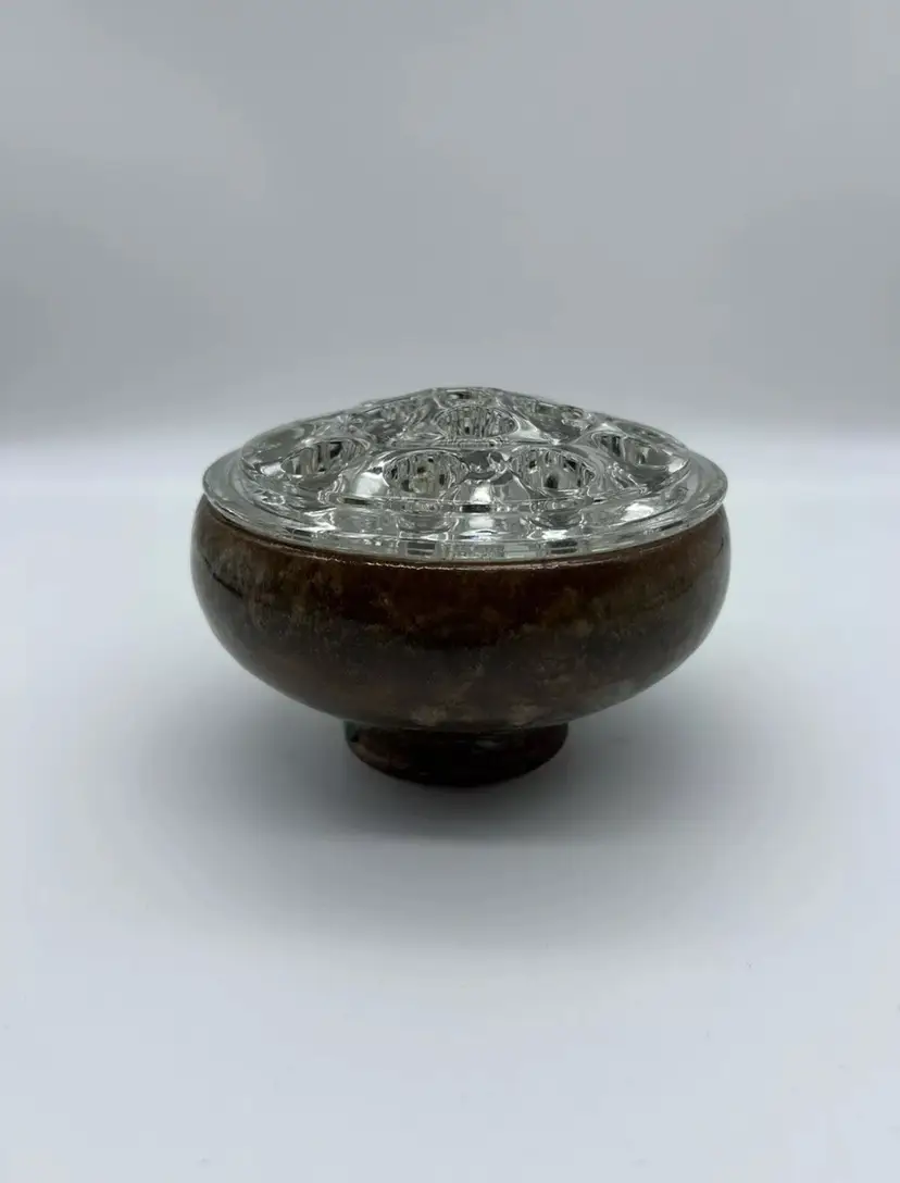 Vintage Art Pottery Bowl w/ Vintage Glass Flower Frog Decor Marked & Signed