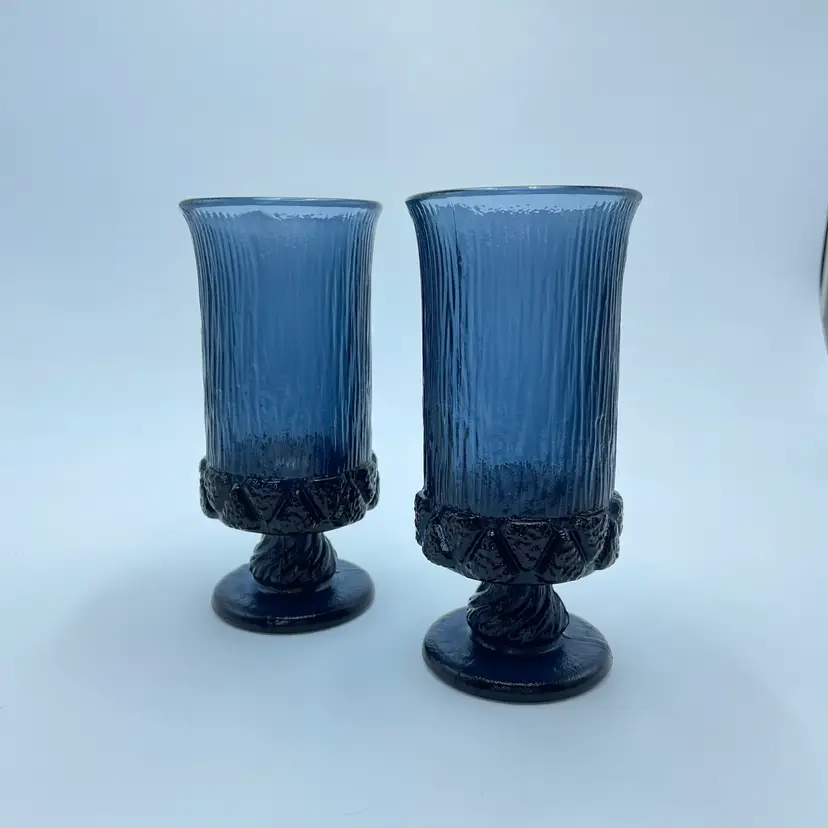 Set of 2 Fostoria Serrento Blue Iced Tea Glasses Gothic Goblets Drinkware
