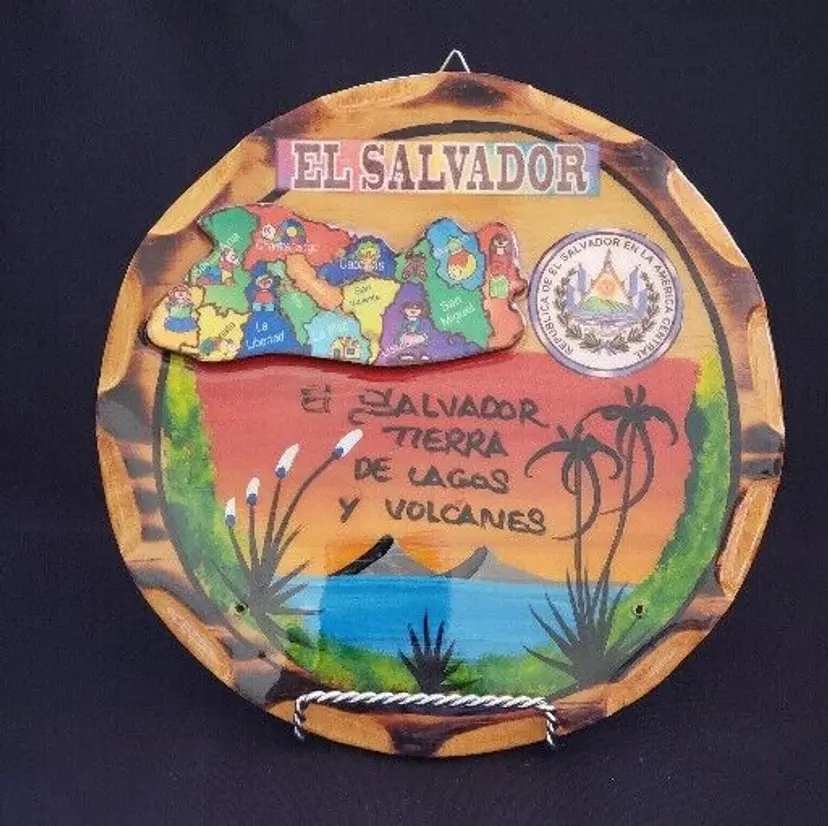 El Salvador Souvenir Wood Colorful Wall Plaque Land Of Lakes & Volcanos with holes