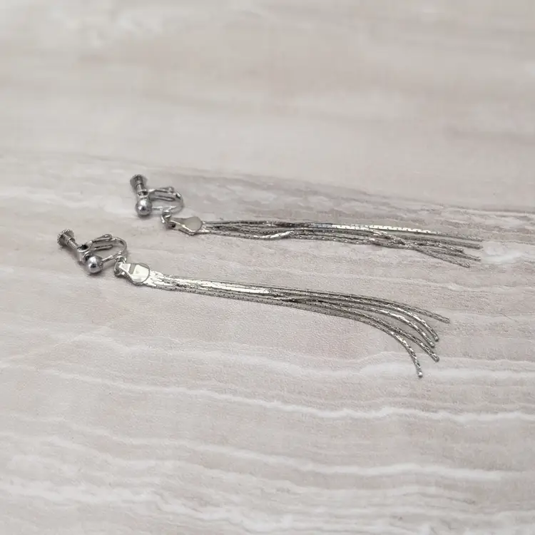 Vintage Clip On Earrings Extra Long Silver Tone Strand Dangle 3 & 7/8" Stylish