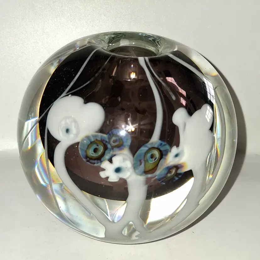 Vintage, LARGE, Scarce & Gorgeous, Signed 'Mary Angus 6-80', Hanging Heart Vines and Millefiori Flowers Paperweight Vase