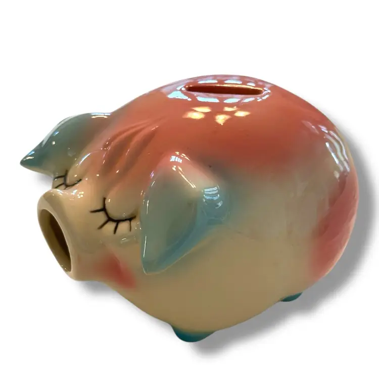 Vintage Corky Pig Hull Pottery Ceramic Coin Piggy Bank 1957 Blue & Pink No Cork