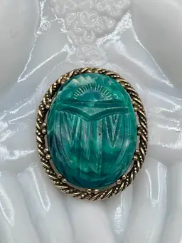 Art Deco Egyptian Revival Emerald Green Scarab Gold Tone Brooch Pendant 2” 🪲