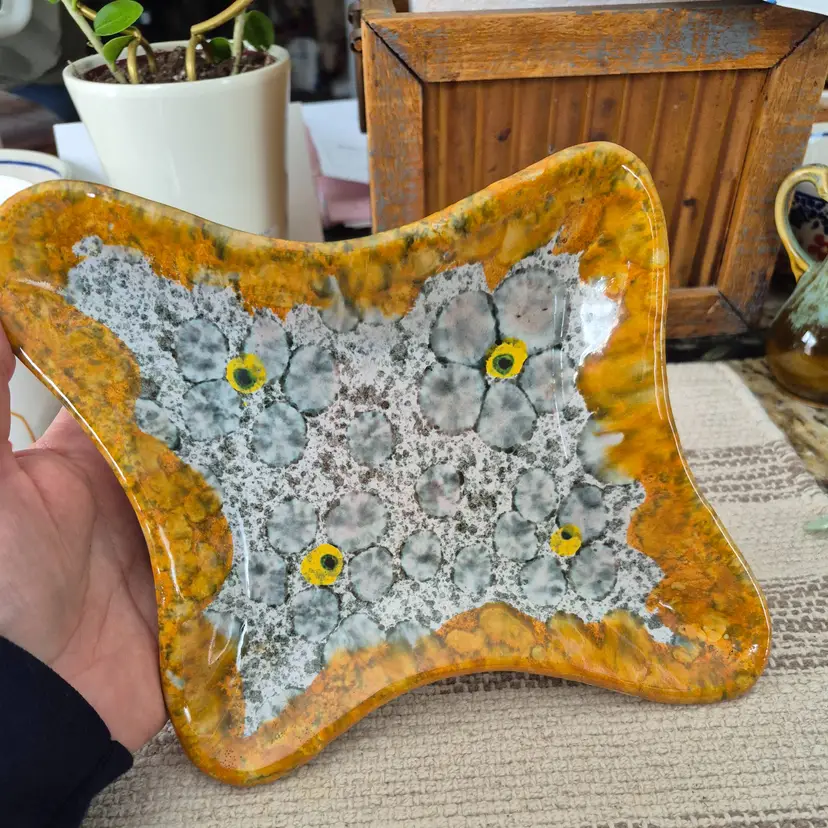 Vtg handainted yellow drip glaze Italian dish