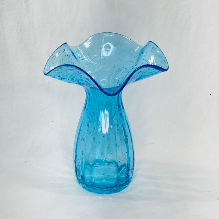 Hand Blown Blue Glass With Bubbles Vase