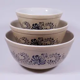 Vintage PYREX Homestead 401, 402, 403 Blue Floral Speckled Brown MIXING BOWL SET