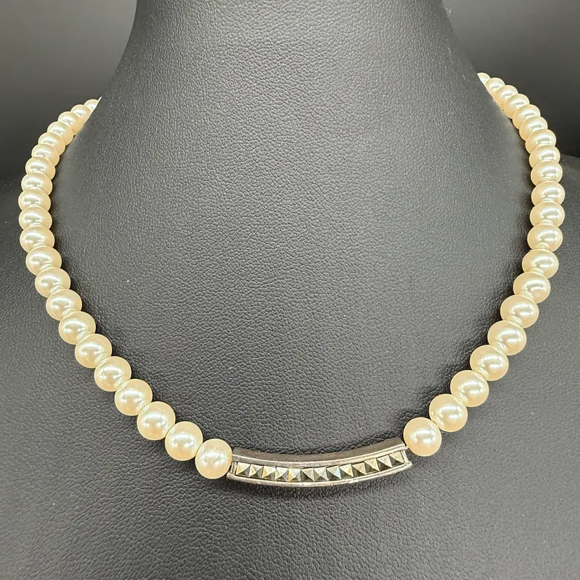 Vintage Carolee 925 Sterling Silver Marcasite Bar Glass Pearls Choker Necklace 16”