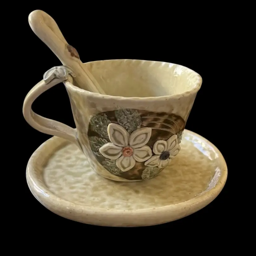 Adorable Coffee/Tea Cup, Saucer, & Spoon -Art Pottery- Signed- Applied Flowers- 2 Available At Time Of Listing