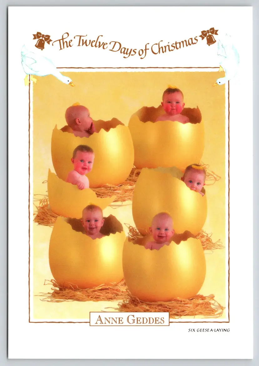 Postcard Six Geese A-Laying Baby's Twelve Days of Christmas Anne Geddes 1995 - 14564