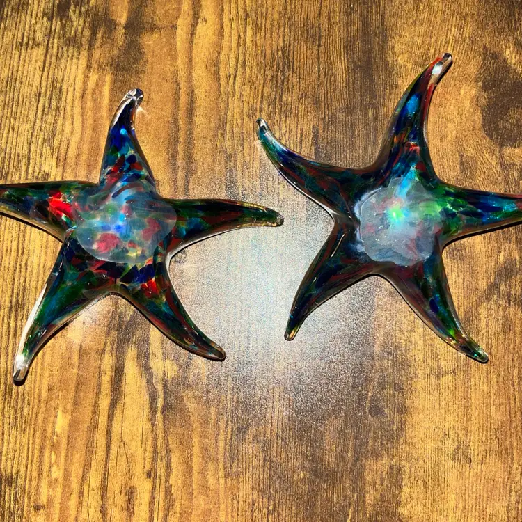 Set Of Two Multi Color Iridescent Art Glass Starfish Paperweights