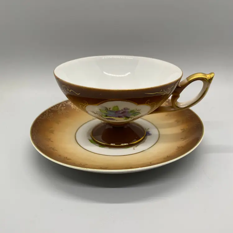 Shafford Japan Handpainted Violets Pedestal Cup and Saucer with Stand