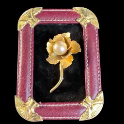 Castlecliff Brooch-Gold Tone Rose w/ Faux Pearl in Center