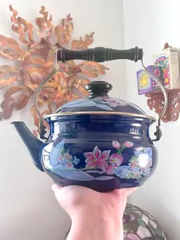 Vintage Okura blue enamel floral teapot 
Made in Taiwan 1983
