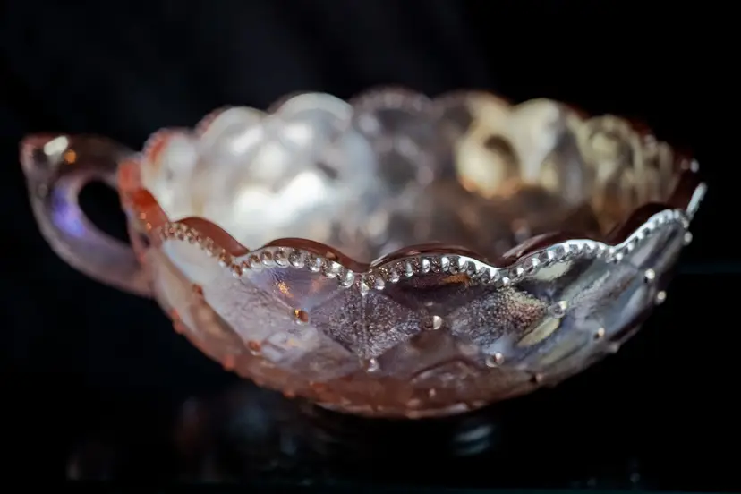 Carnival Glass Bowl with Handle 1970's Imperial Nappy Pincushion and Pansies