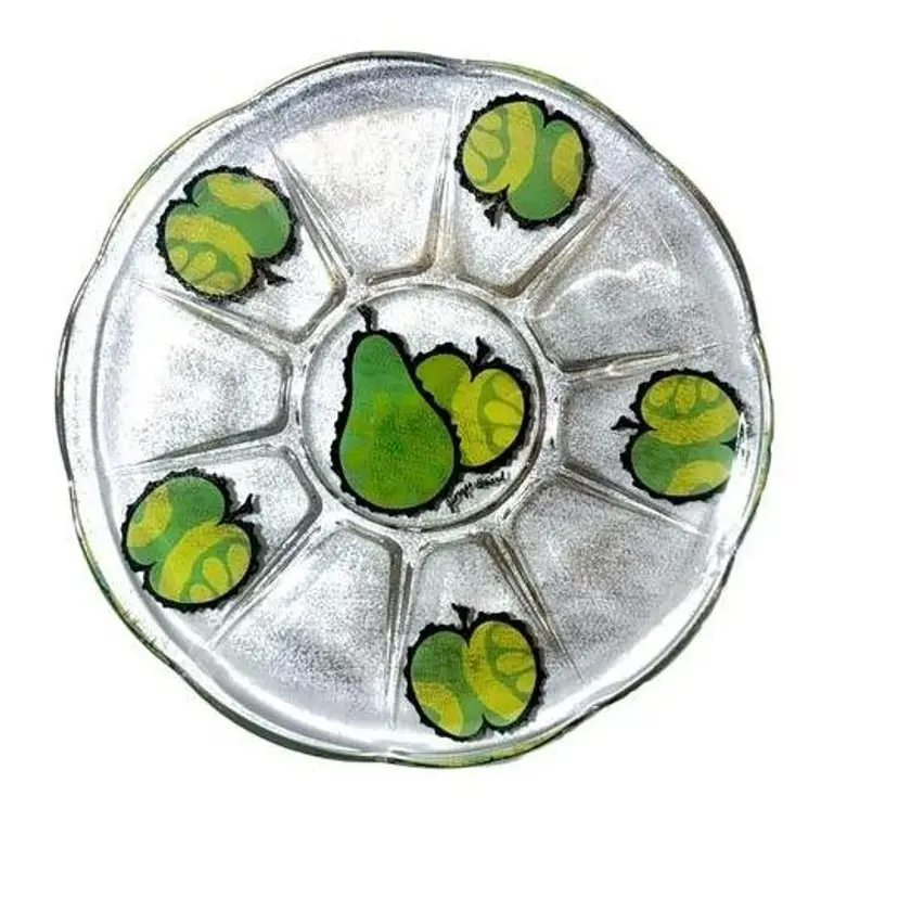 Vintage Mid Century Georges Briard Green Pear and Apples Gold Speckled Signed Glass Platter