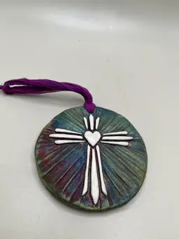Handcrafted Raku Pottery Cross Medallion Ornament ~ Signed Jeremy Diller